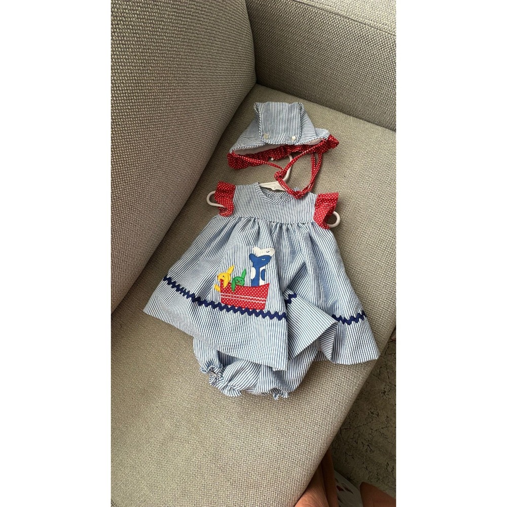 Jayne Copeland Vintage Baby Girls Seersucker Dress Bloomers Bonnet Set 9 Months